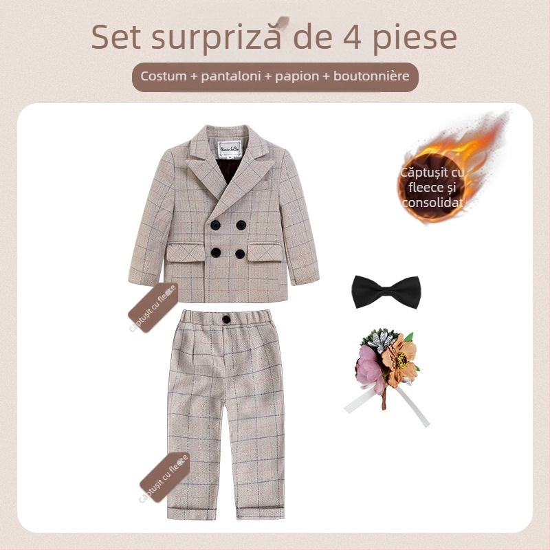 Costum pentru copii din două părți, stil britanic de toamnă, model în carouri, pentru 1–3 ani, guler în V, mâneci lungi, închidere cu nasturi în dublu rând