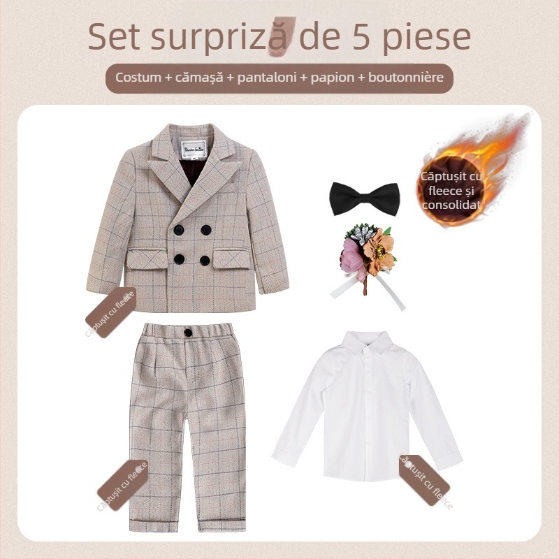 Costum pentru copii din două părți, stil britanic de toamnă, model în carouri, pentru 1–3 ani, guler în V, mâneci lungi, închidere cu nasturi în dublu rând