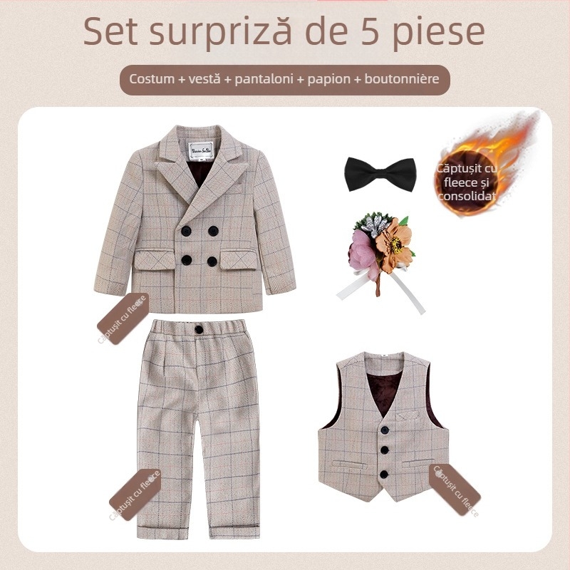 Costum pentru copii din două părți, stil britanic de toamnă, model în carouri, pentru 1–3 ani, guler în V, mâneci lungi, închidere cu nasturi în dublu rând