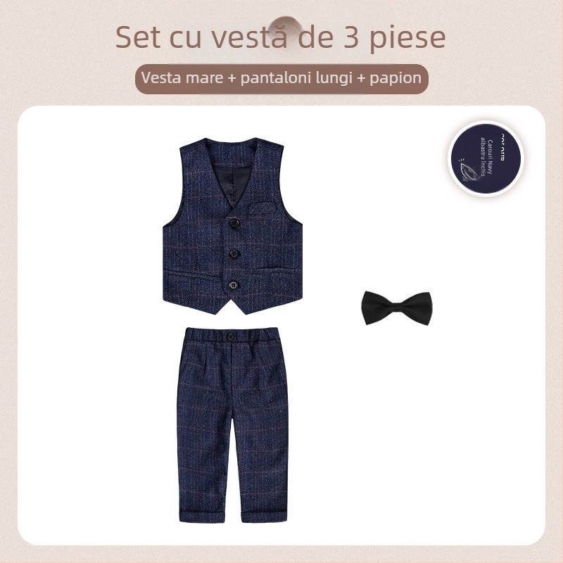 Costum pentru copii din două părți, stil britanic de toamnă, model în carouri, pentru 1–3 ani, guler în V, mâneci lungi, închidere cu nasturi în dublu rând