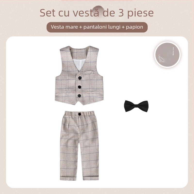 Costum pentru copii din două părți, stil britanic de toamnă, model în carouri, pentru 1–3 ani, guler în V, mâneci lungi, închidere cu nasturi în dublu rând