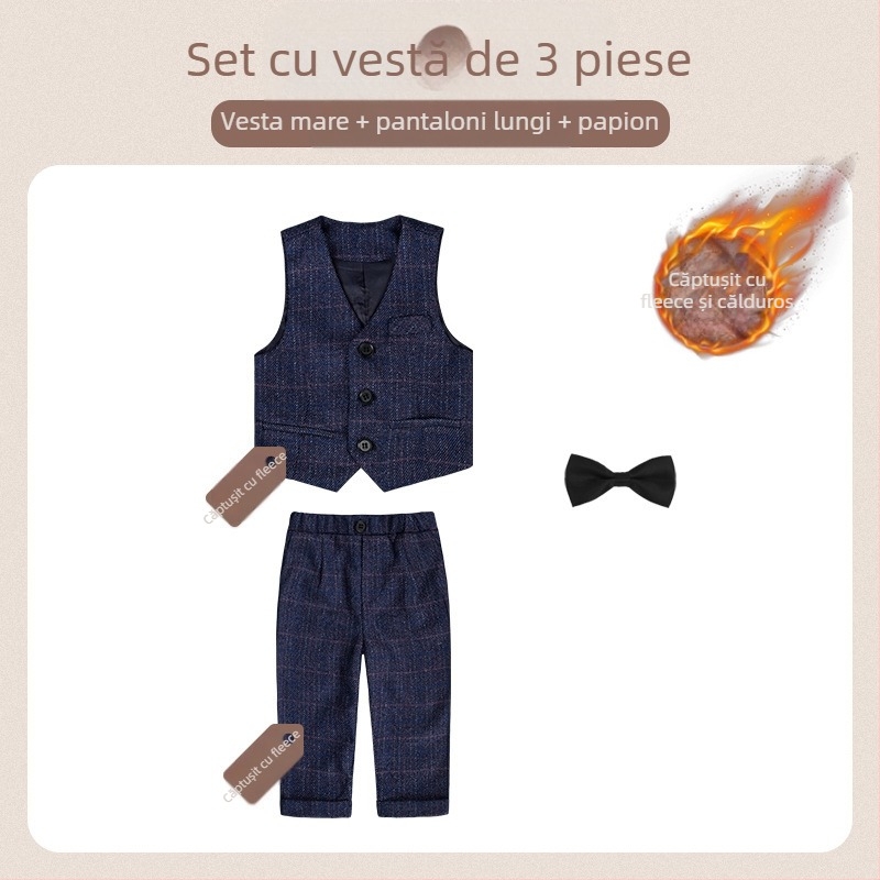 Costum pentru copii din două părți, stil britanic de toamnă, model în carouri, pentru 1–3 ani, guler în V, mâneci lungi, închidere cu nasturi în dublu rând