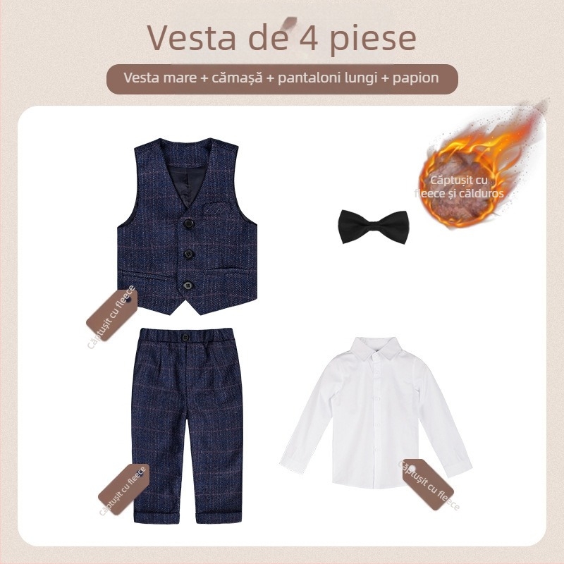 Costum pentru copii din două părți, stil britanic de toamnă, model în carouri, pentru 1–3 ani, guler în V, mâneci lungi, închidere cu nasturi în dublu rând