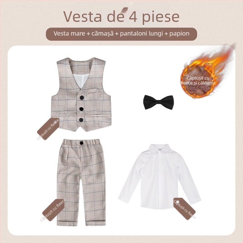 Costum pentru copii din două părți, stil britanic de toamnă, model în carouri, pentru 1–3 ani, guler în V, mâneci lungi, închidere cu nasturi în dublu rând
