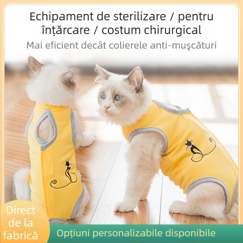 Îmbrăcăminte pentru animale – halat chirurgical anti-lingere pentru pisici, material din pânză, stil lejer