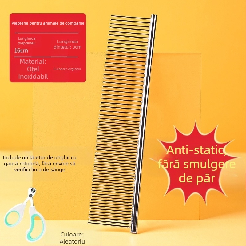 Pieptene metalic Senwei pentru animale cu blană lungă, dinți dubli și dens, pentru descurcarea nodurilor și îndepărtarea părului, potrivit pentru câini și pisici