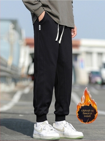 Pantaloni de trening bărbați cu fleece pentru căldură de iarnă, croială lejeră, talie medie, stil Hong Kong wind, amestec de fibre sintetice