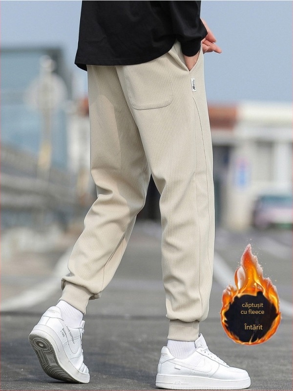 Pantaloni de trening bărbați cu fleece pentru căldură de iarnă, croială lejeră, talie medie, stil Hong Kong wind, amestec de fibre sintetice