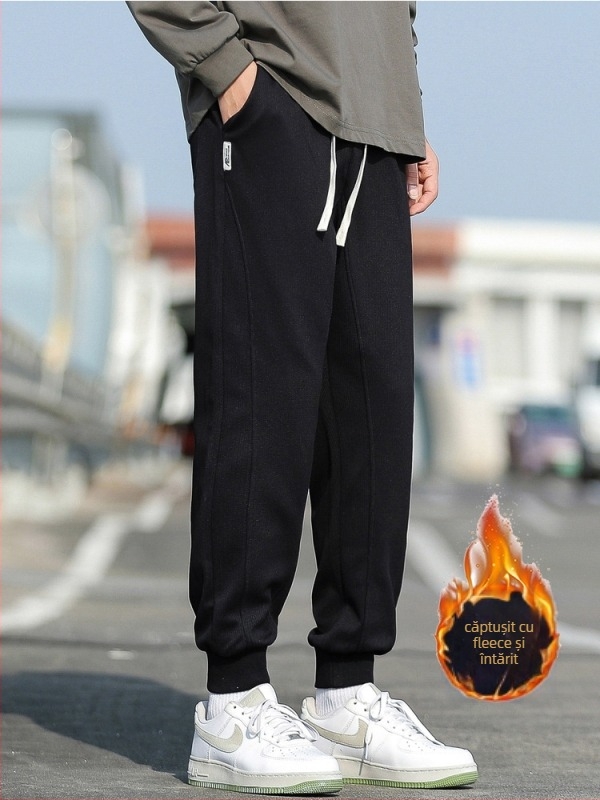 Pantaloni de trening bărbați cu fleece pentru căldură de iarnă, croială lejeră, talie medie, stil Hong Kong wind, amestec de fibre sintetice