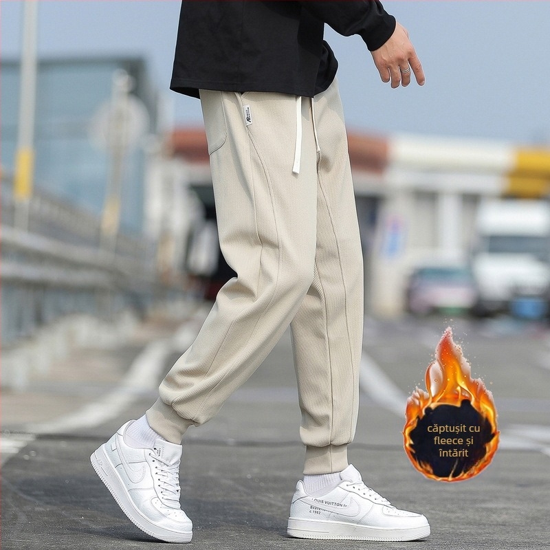 Pantaloni de trening bărbați cu fleece pentru căldură de iarnă, croială lejeră, talie medie, stil Hong Kong wind, amestec de fibre sintetice