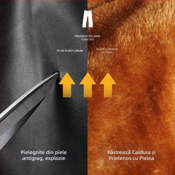 Pantaloni din piele PU cu fleece, croială dreaptă, talie înaltă, pentru iarnă, stil retro