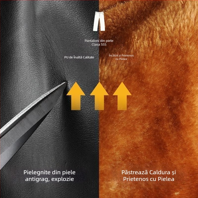 Pantaloni din piele PU cu fleece, croială dreaptă, talie înaltă, pentru iarnă, stil retro