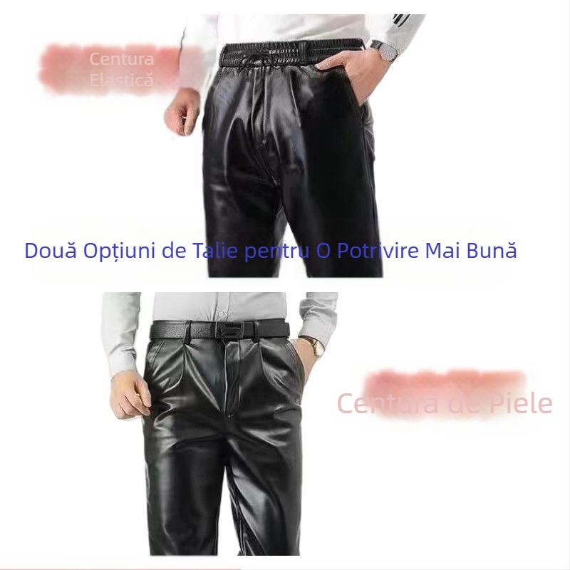 Pantaloni din piele PU cu fleece, croială dreaptă, talie înaltă, pentru iarnă, stil retro