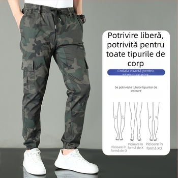 Pantaloni casual de lucru din bumbac, camuflaj, croi drept, talie medie, cu mai multe buzunare, pentru primăvară-toamnă