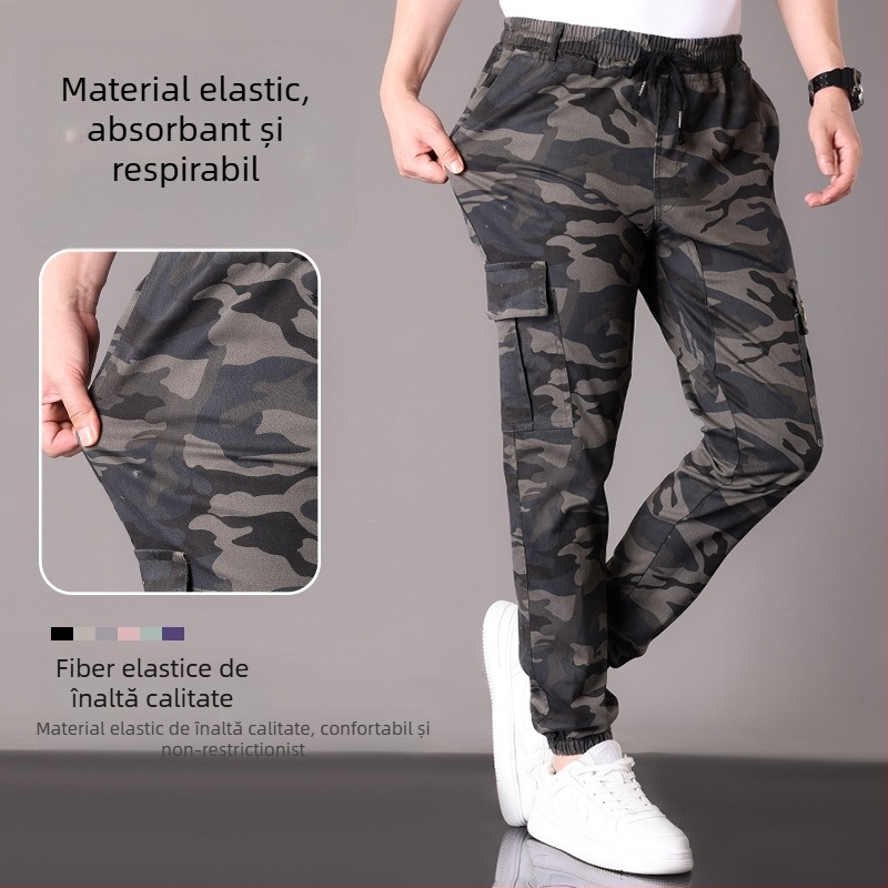 Pantaloni casual de lucru din bumbac, camuflaj, croi drept, talie medie, cu mai multe buzunare, pentru primăvară-toamnă
