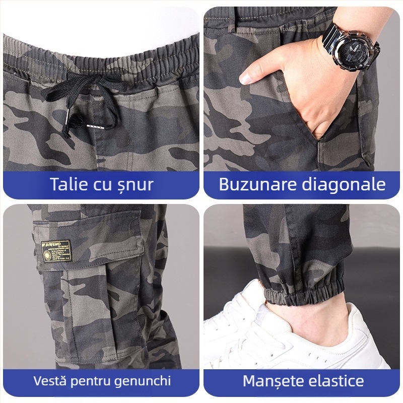 Pantaloni casual de lucru din bumbac, camuflaj, croi drept, talie medie, cu mai multe buzunare, pentru primăvară-toamnă