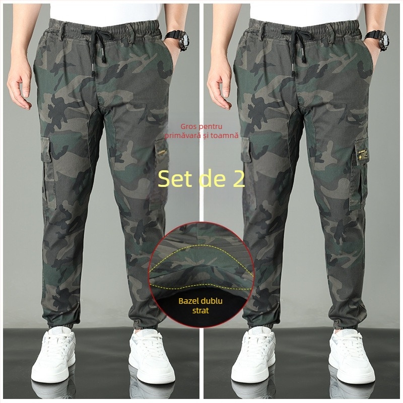 Pantaloni casual de lucru din bumbac, camuflaj, croi drept, talie medie, cu mai multe buzunare, pentru primăvară-toamnă