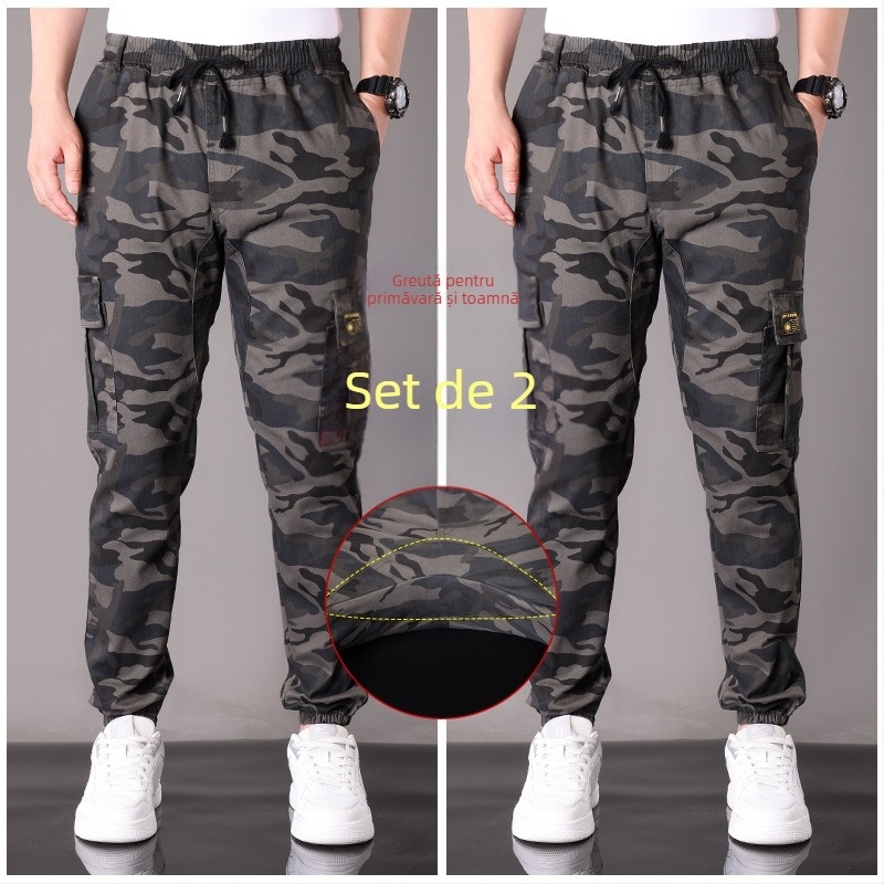 Pantaloni casual de lucru din bumbac, camuflaj, croi drept, talie medie, cu mai multe buzunare, pentru primăvară-toamnă