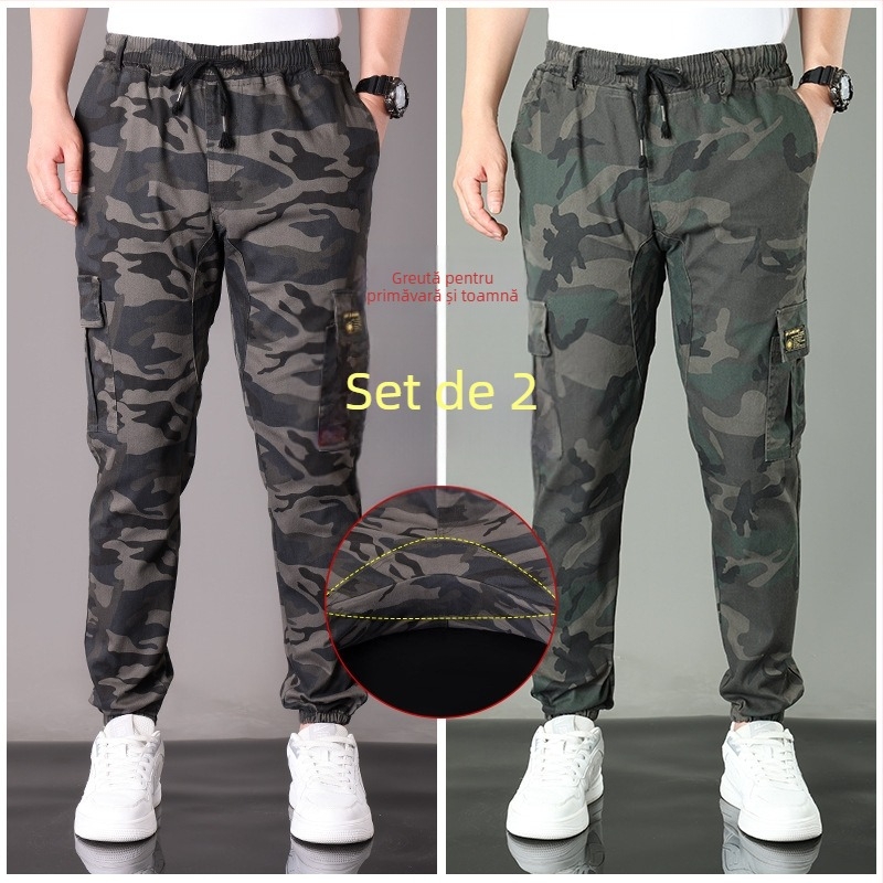 Pantaloni casual de lucru din bumbac, camuflaj, croi drept, talie medie, cu mai multe buzunare, pentru primăvară-toamnă