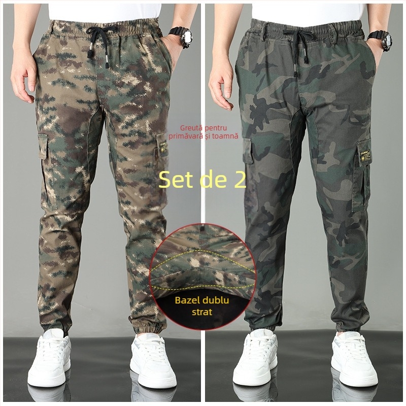 Pantaloni casual de lucru din bumbac, camuflaj, croi drept, talie medie, cu mai multe buzunare, pentru primăvară-toamnă