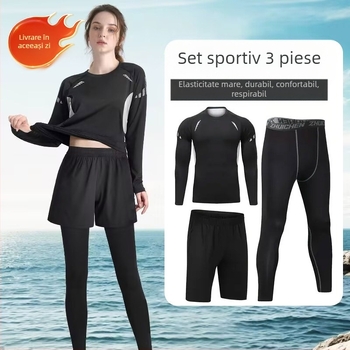 Set sport unisex cu mâneci lungi, material respirabil cu uscare rapidă din poliester-spandex, cropped pants, pentru alergare, fotbal și baschet