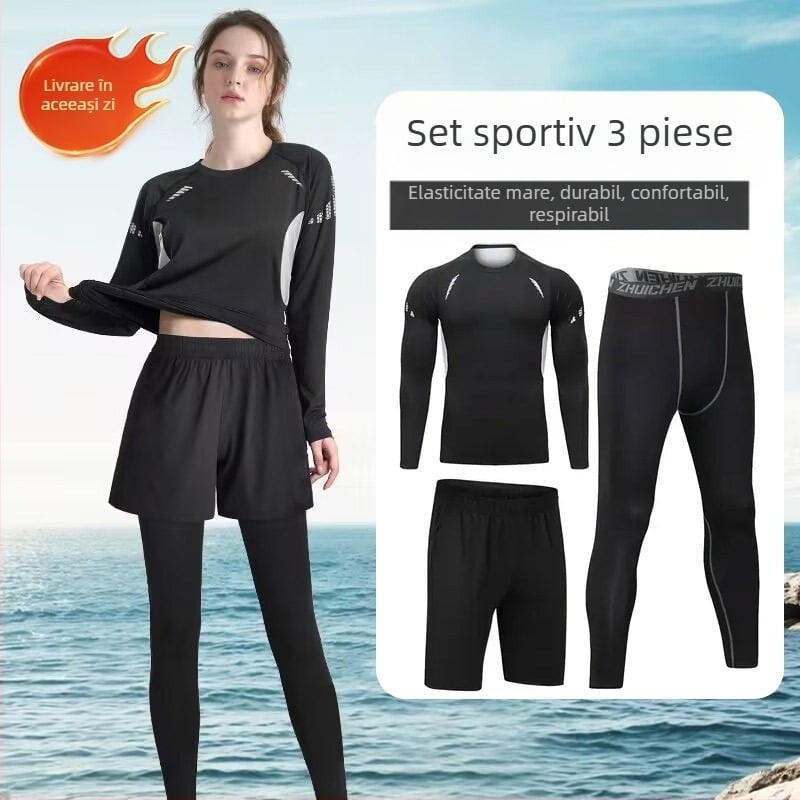 Set sport unisex cu mâneci lungi, material respirabil cu uscare rapidă din poliester-spandex, cropped pants, pentru alergare, fotbal și baschet