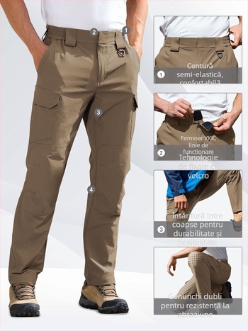 Pantaloni de drumeție din nylon cu uscare rapidă, material elastic, uni, cu buzunare multiple în stil cargo.