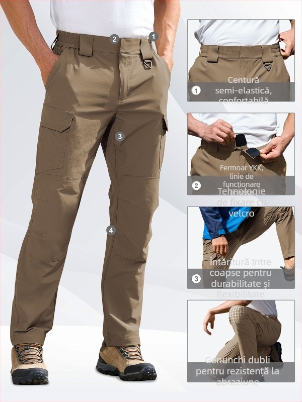 Pantaloni de drumeție din nylon cu uscare rapidă, material elastic, uni, cu buzunare multiple în stil cargo.