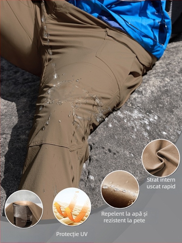 Pantaloni de drumeție din nylon cu uscare rapidă, material elastic, uni, cu buzunare multiple în stil cargo.