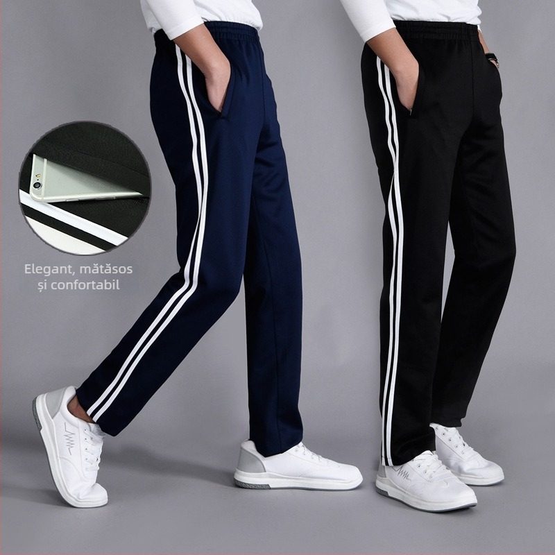 Pantaloni școlari de uniformă, căptuți cu catifea de iarnă, cu două dungi, talie medie, 100% poliester – pantaloni sport pentru școală