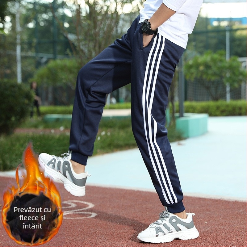 Pantaloni școlari de uniformă, căptuți cu catifea de iarnă, cu două dungi, talie medie, 100% poliester – pantaloni sport pentru școală