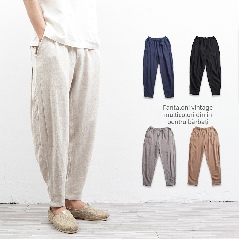 Pantaloni casual pentru bărbați din in și cânepă, talie medie, închidere cu șnur, croială largă, manșete la gleznă