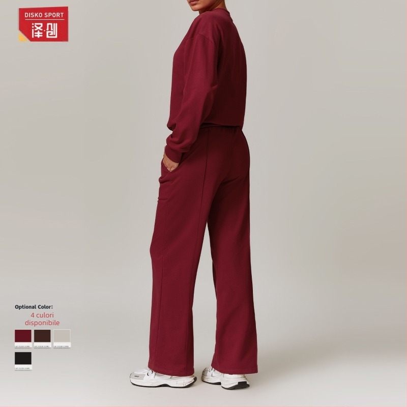Set sport feminin all-season din nylon-elastan, 78% nylon, 22% elastan, cu bluză cu mâneci lungi și pantaloni cu talie înaltă și croi wide-leg, culoare uni, pentru alergare și fitness.