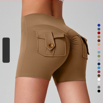 Shorts de fitness din nylon, cu buzunare, evacuare a umezelii, talie înaltă, fixare strânsă, ridicare a posteriorului