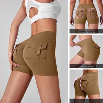 Shorts de fitness din nylon, cu buzunare, evacuare a umezelii, talie înaltă, fixare strânsă, ridicare a posteriorului