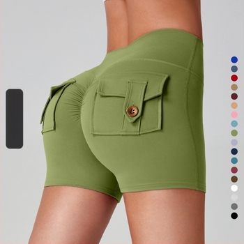 Shorts de fitness din nylon, cu buzunare, evacuare a umezelii, talie înaltă, fixare strânsă, ridicare a posteriorului