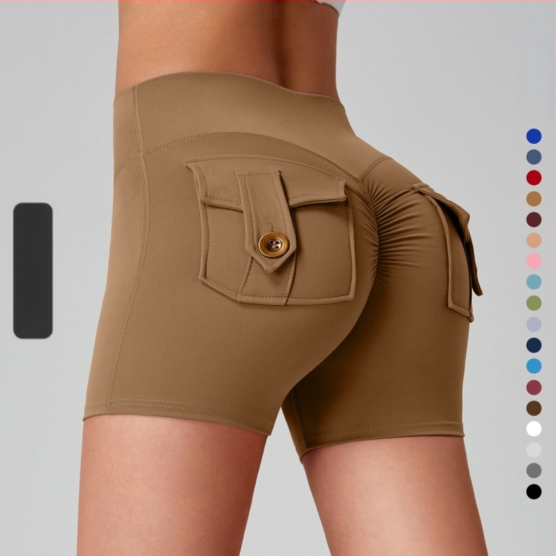 Shorts de fitness din nylon, cu buzunare, evacuare a umezelii, talie înaltă, fixare strânsă, ridicare a posteriorului