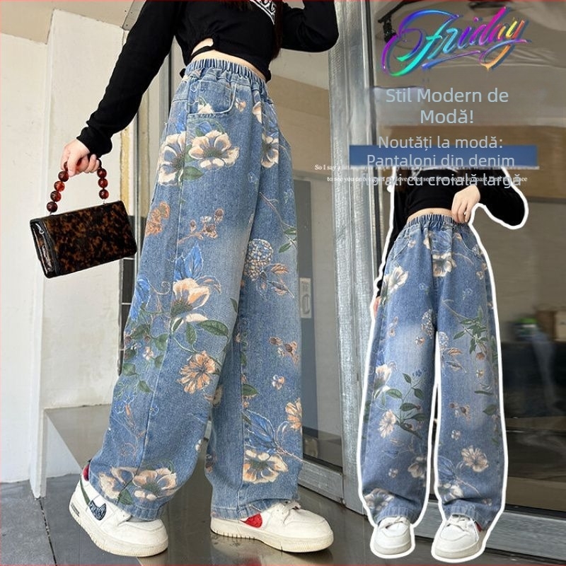 Jeans pentru fete, croială largă, stil versatil, denim vinylon