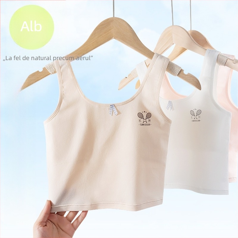 Bustier din bumbac pentru fete, stil vestă, cupă completă, cupe ușor modelate, fără sârmă metalică, bretele fixe duble, confort respirabil, vârsta 9–13 ani