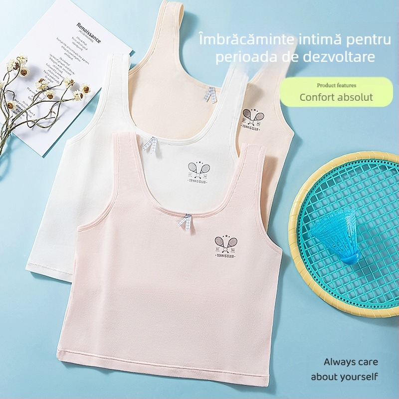 Bustier din bumbac pentru fete, stil vestă, cupă completă, cupe ușor modelate, fără sârmă metalică, bretele fixe duble, confort respirabil, vârsta 9–13 ani