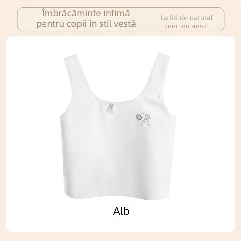 Bustier din bumbac pentru fete, stil vestă, cupă completă, cupe ușor modelate, fără sârmă metalică, bretele fixe duble, confort respirabil, vârsta 9–13 ani
