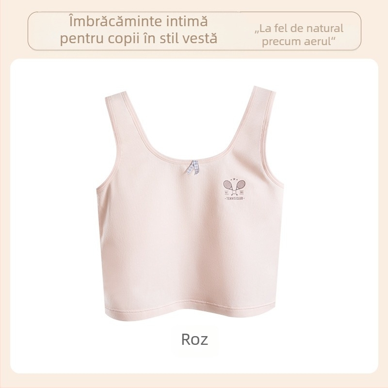 Bustier din bumbac pentru fete, stil vestă, cupă completă, cupe ușor modelate, fără sârmă metalică, bretele fixe duble, confort respirabil, vârsta 9–13 ani