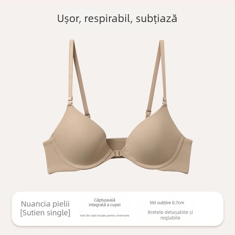Push-Up cu închidere frontală, inel din oțel, cupe 3/4, forme subțiri, bretele detașabile duble, spate invizibil, nylon moale