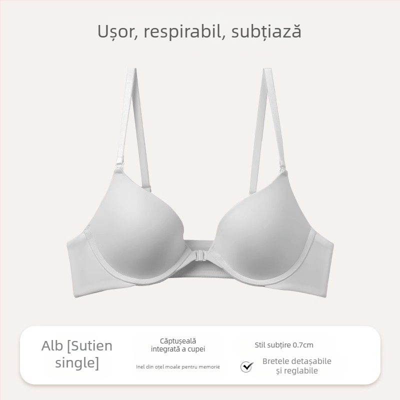 Push-Up cu închidere frontală, inel din oțel, cupe 3/4, forme subțiri, bretele detașabile duble, spate invizibil, nylon moale