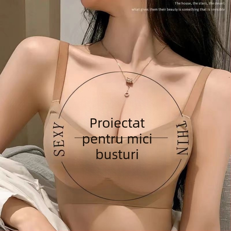 Sutien fără sârmă, cupe modelate cu partea superioară subțire și partea inferioară mai groasă; material principal nailon, căptușeală spandex; bretele fixe duble; închidere pe spate cu trei rânduri de catarame