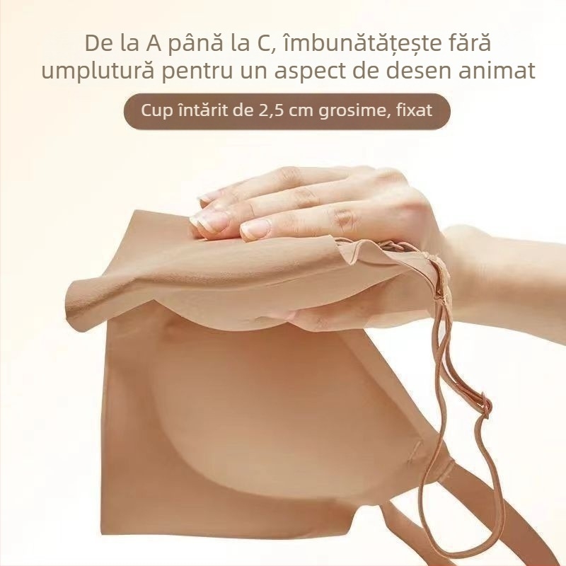 Sutien fără sârmă, cupe modelate cu partea superioară subțire și partea inferioară mai groasă; material principal nailon, căptușeală spandex; bretele fixe duble; închidere pe spate cu trei rânduri de catarame