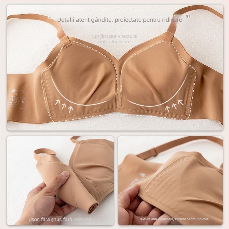 Sutien fără sârmă, cupe modelate cu partea superioară subțire și partea inferioară mai groasă; material principal nailon, căptușeală spandex; bretele fixe duble; închidere pe spate cu trei rânduri de catarame