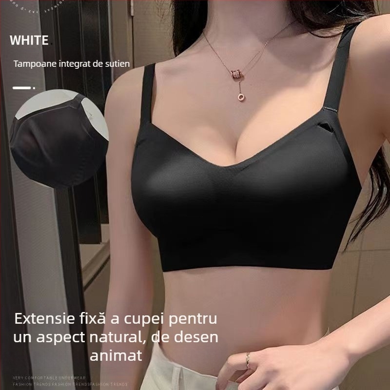 Sutien fără sârmă, cupe modelate cu partea superioară subțire și partea inferioară mai groasă; material principal nailon, căptușeală spandex; bretele fixe duble; închidere pe spate cu trei rânduri de catarame