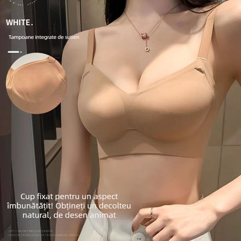 Sutien fără sârmă, cupe modelate cu partea superioară subțire și partea inferioară mai groasă; material principal nailon, căptușeală spandex; bretele fixe duble; închidere pe spate cu trei rânduri de catarame