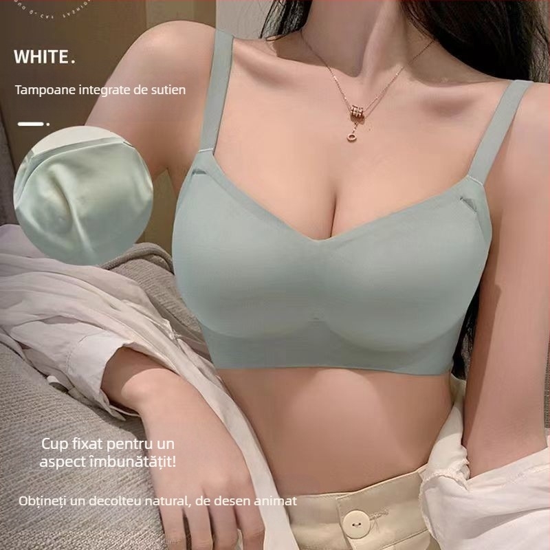 Sutien fără sârmă, cupe modelate cu partea superioară subțire și partea inferioară mai groasă; material principal nailon, căptușeală spandex; bretele fixe duble; închidere pe spate cu trei rânduri de catarame
